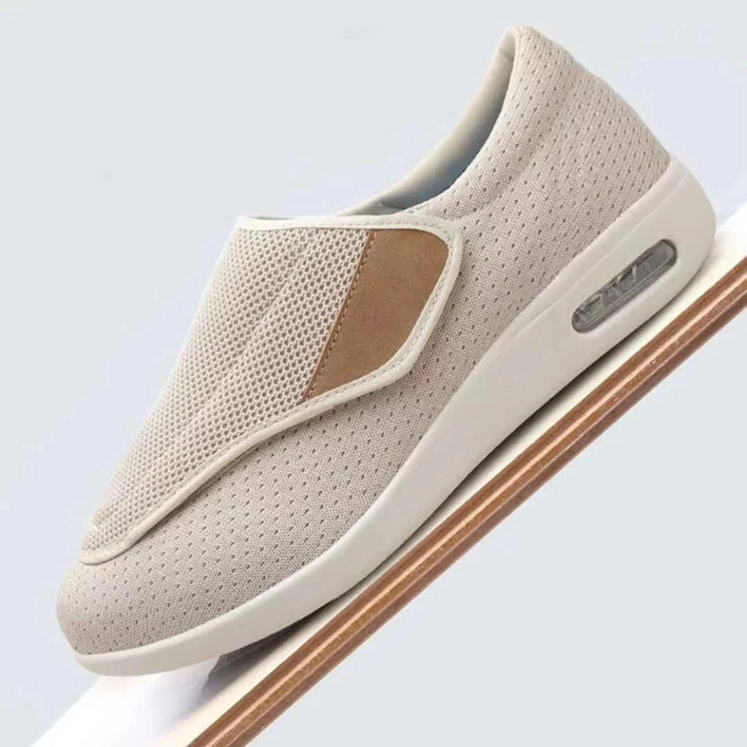 Wide fit orthopedic shoes for sensitive feet, in beige, light blue melange, dark blue and gray