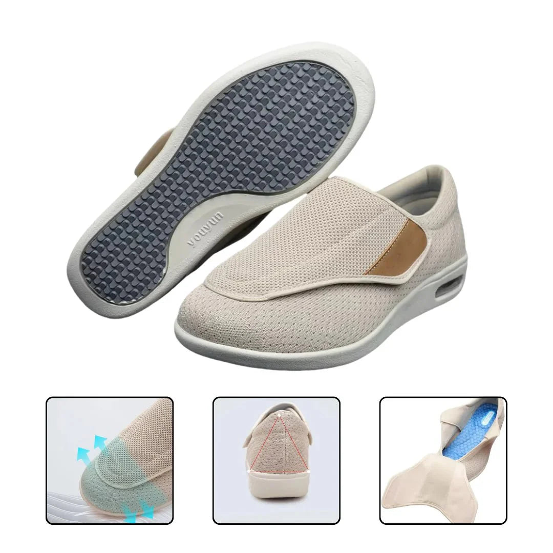 Wide fit orthopedic shoes for sensitive feet, in beige, light blue melange, dark blue and gray