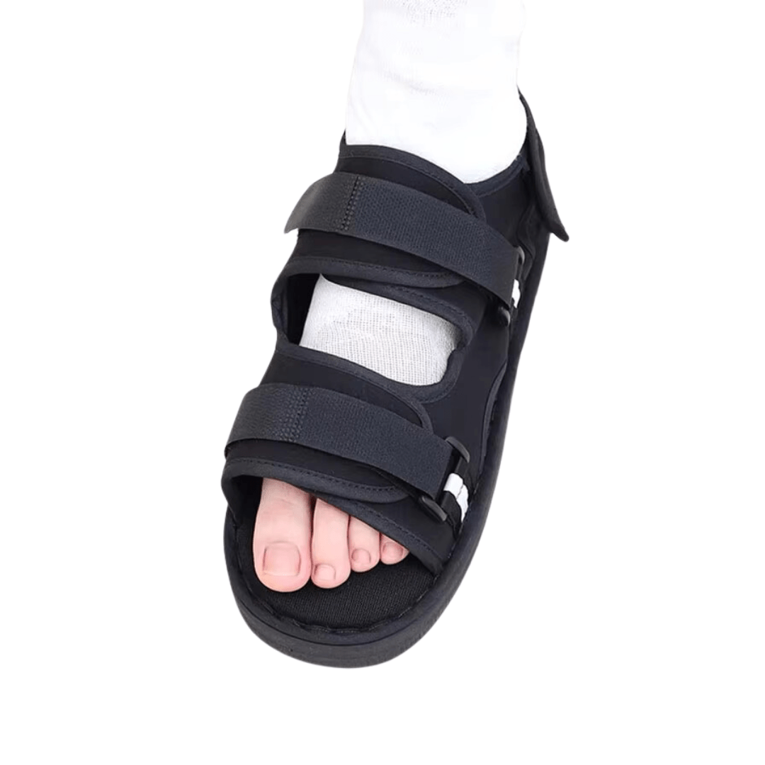 Post-op recovery shoe with an open adjustable upper that fits over a bandage or cast