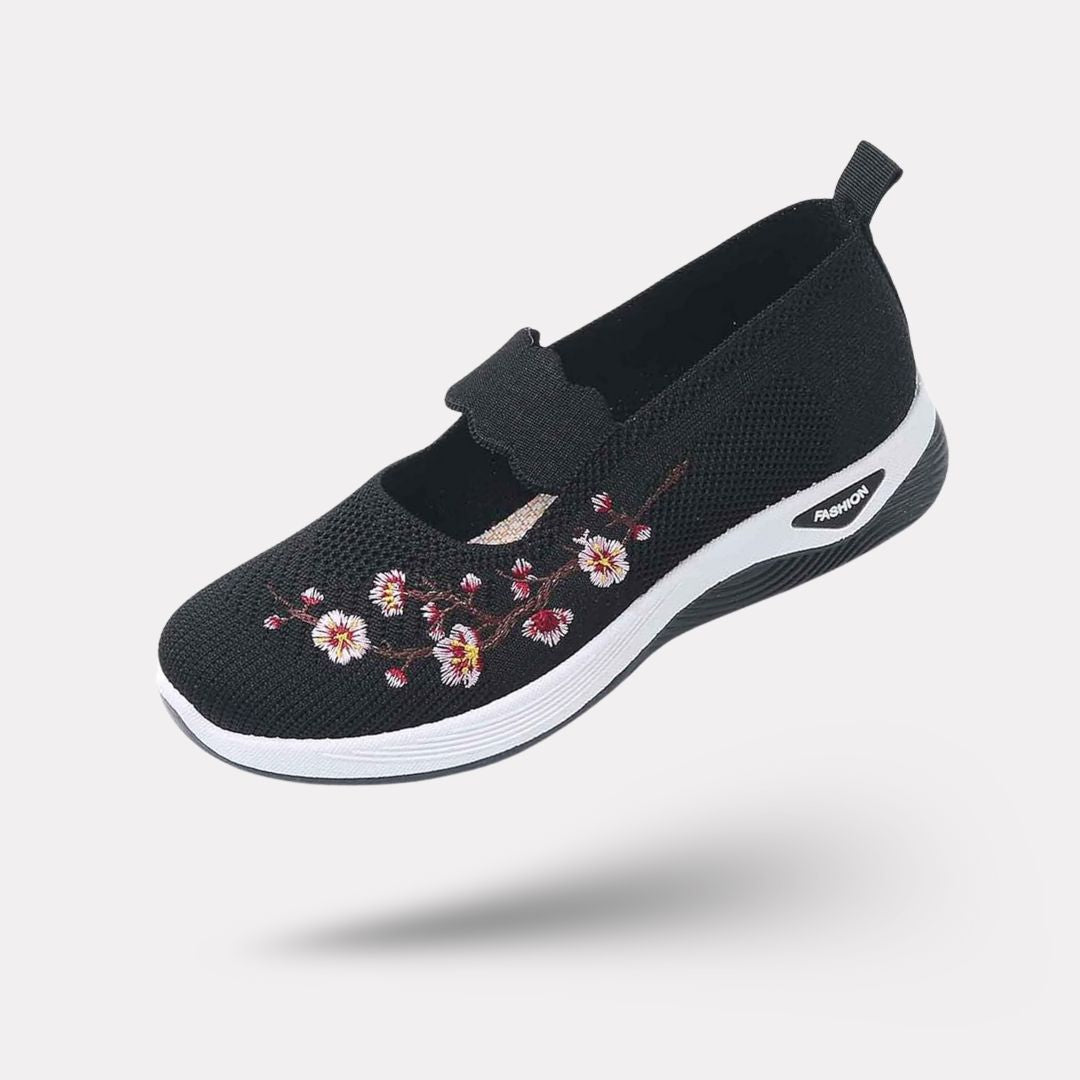 Slip-on orthopedic comfort shoes for women with a cushioned sole, in purple, black, green and gray