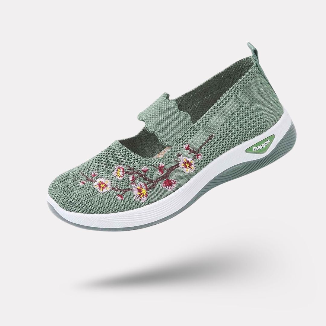 Slip-on orthopedic comfort shoes for women with a cushioned sole, in purple, black, green and gray