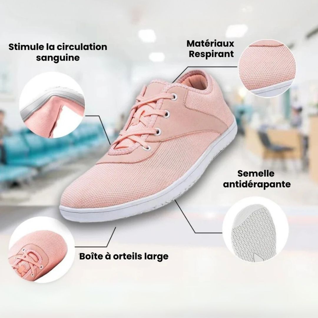 Wide anatomical shoes with extra room at the bunion, in pink, black, gray and beige