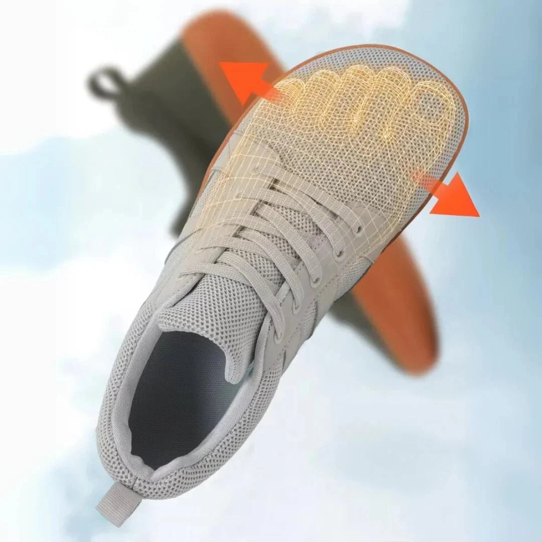 Barefoot shoes with a wide toe box and thin flexible sole, in gray, black, beige and white