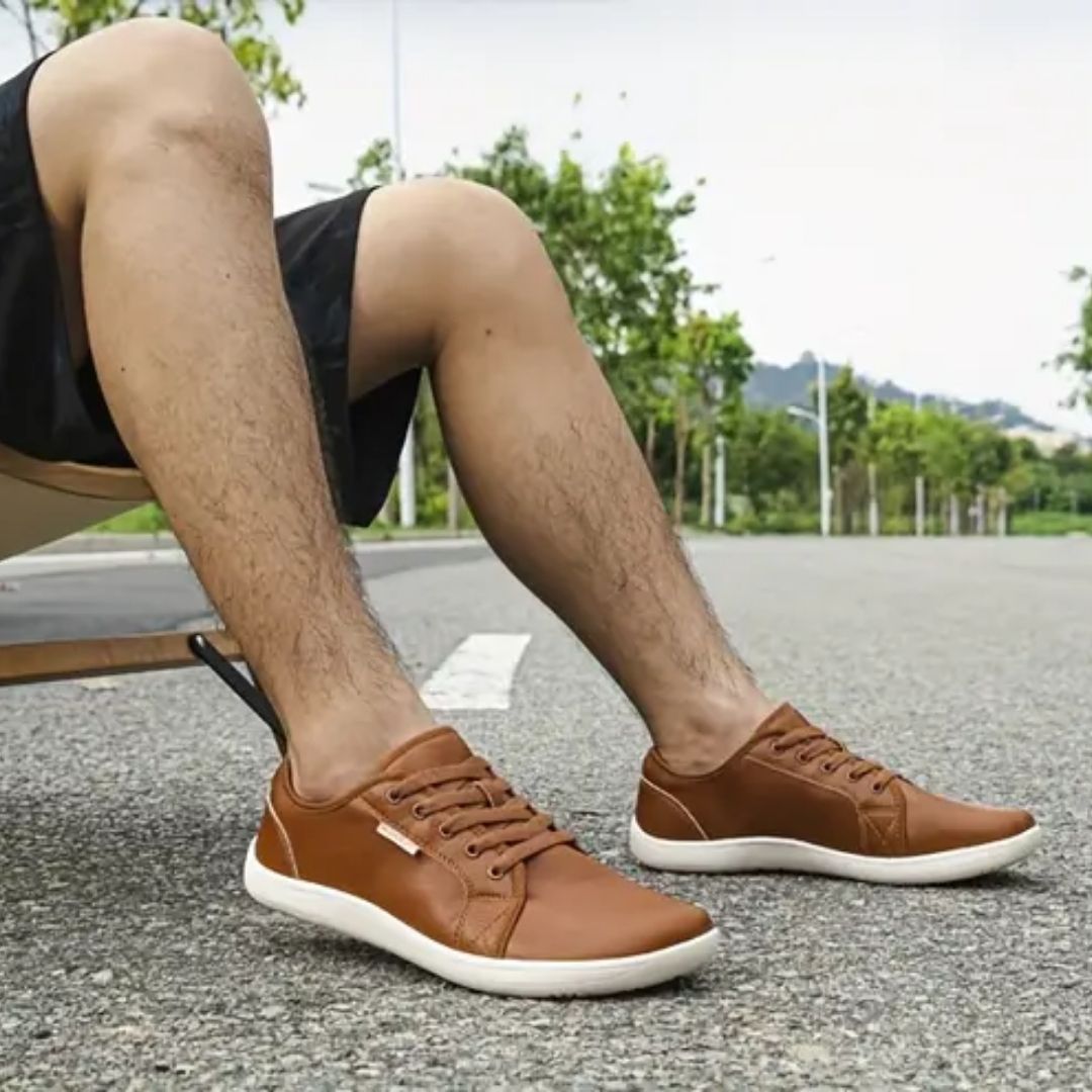 Caramel leather barefoot shoes with a wide toe box and a thin flexible sole