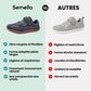 Blue barefoot shoes for kids with a thin flexible sole and a roomy toe box
