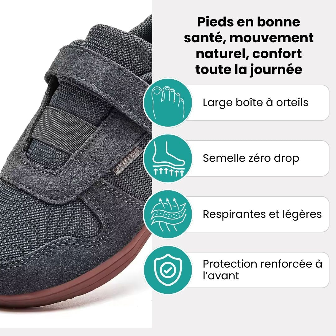 Blue barefoot shoes for kids with a thin flexible sole and a roomy toe box