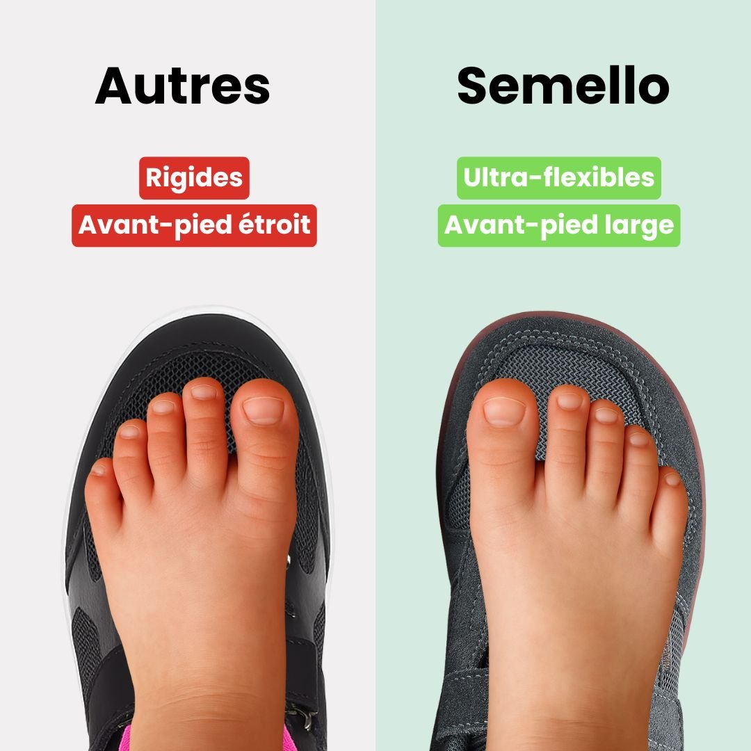 Blue barefoot shoes for kids with a thin flexible sole and a roomy toe box