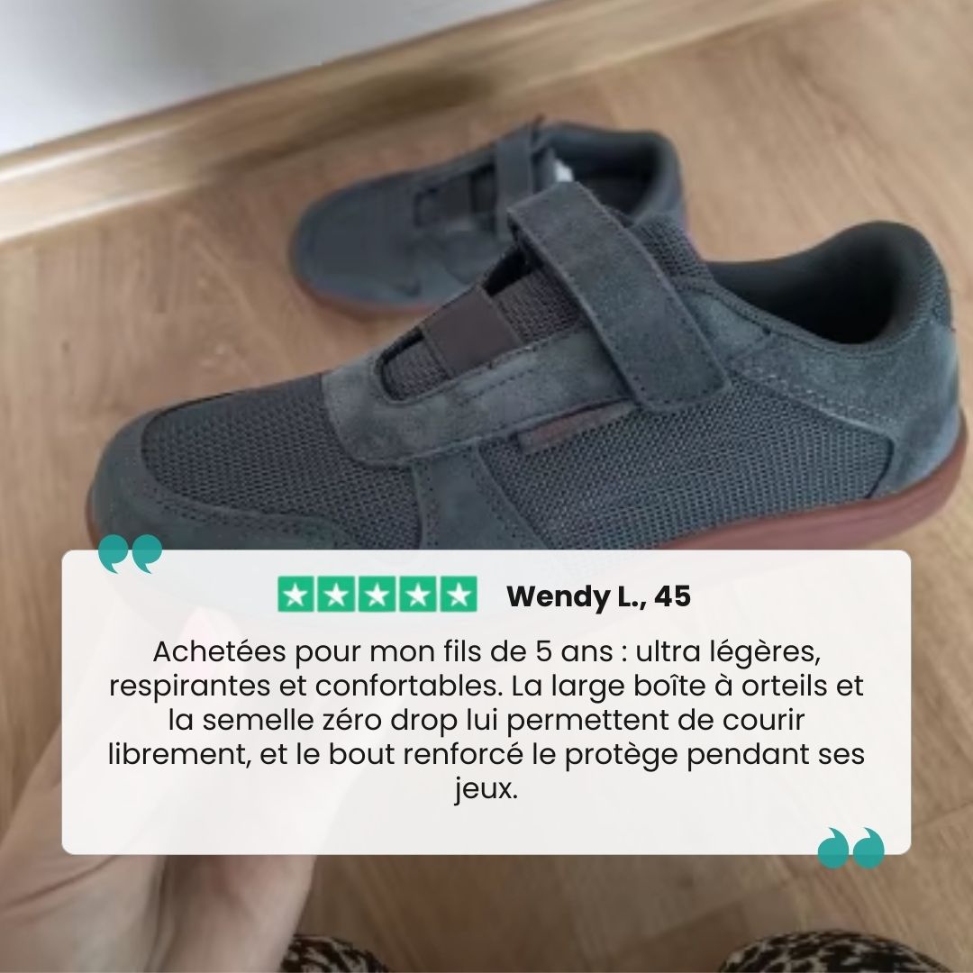 Blue barefoot shoes for kids with a thin flexible sole and a roomy toe box