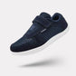 Blue barefoot shoes for kids with a thin flexible sole and a roomy toe box