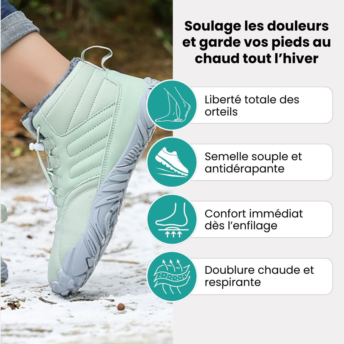 Green winter barefoot shoes with a lined upper and a flat wide toe box
