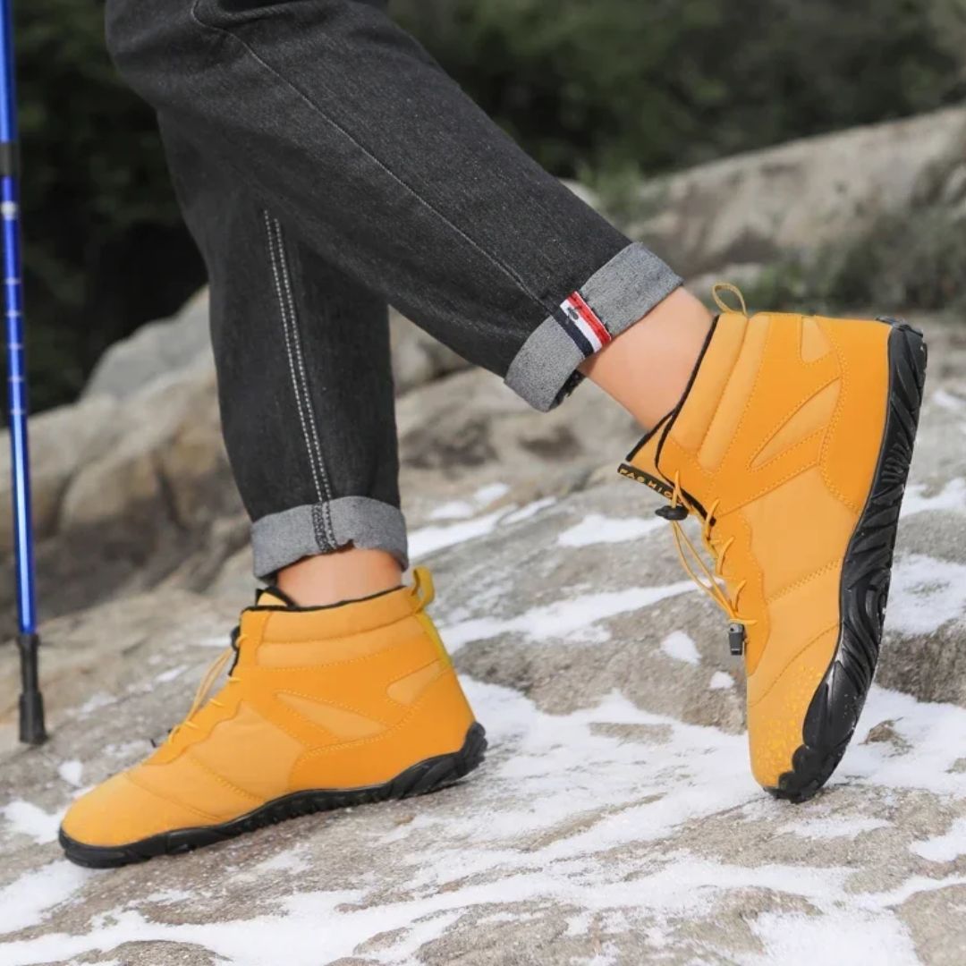 Waterproof winter barefoot shoes with a thin sole and warm lining, in brown, black, gray or blue