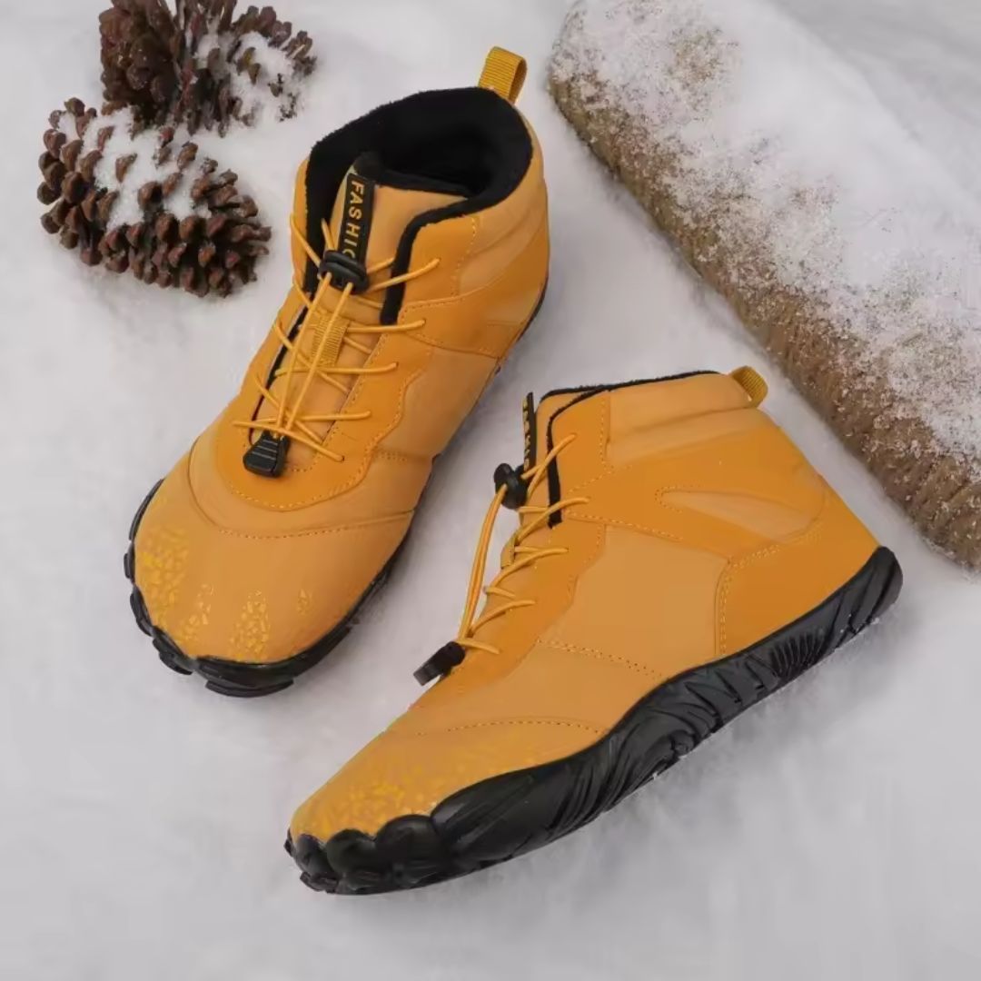 Waterproof winter barefoot shoes with a thin sole and warm lining, in brown, black, gray or blue