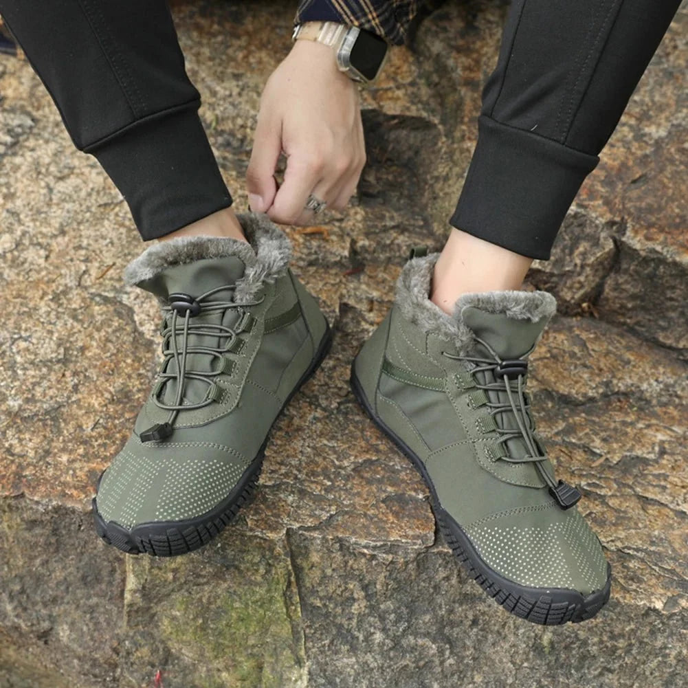 Fleece-lined waterproof winter barefoot shoes in brown, black and olive green