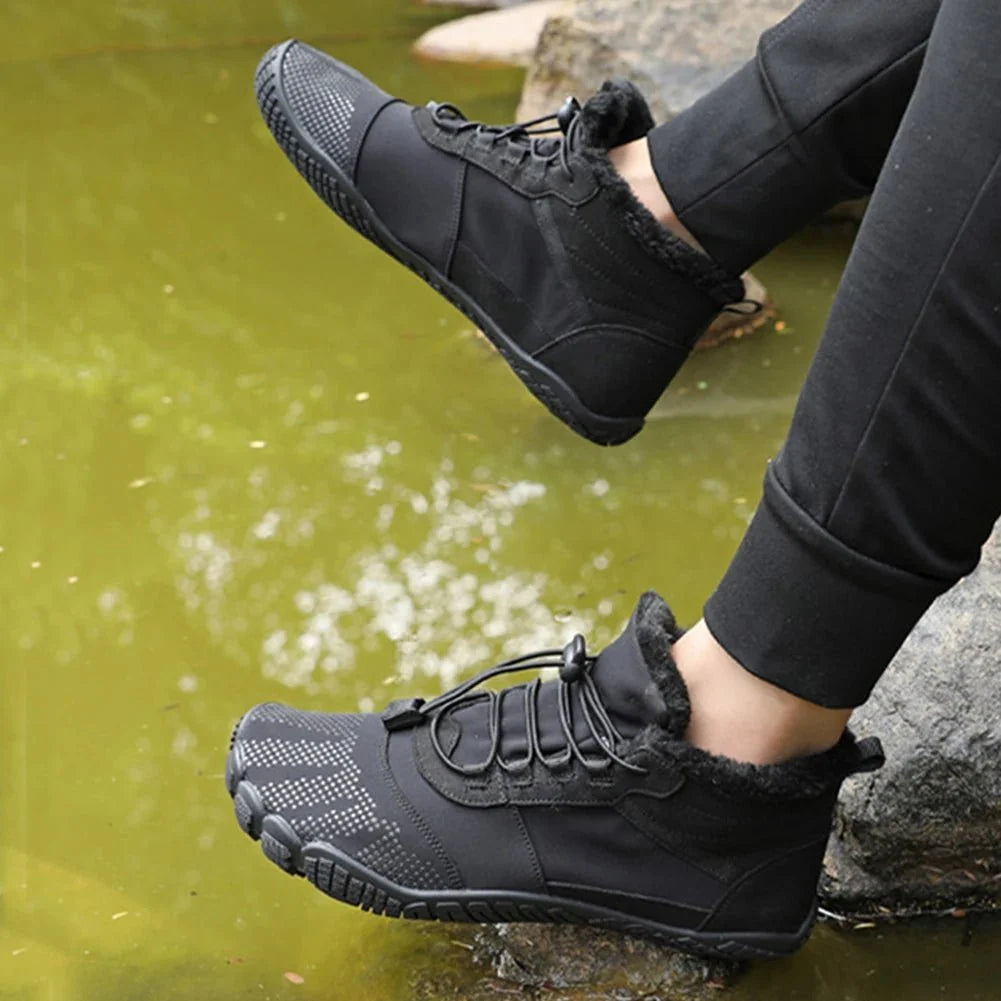 Fleece-lined waterproof winter barefoot shoes in brown, black and olive green