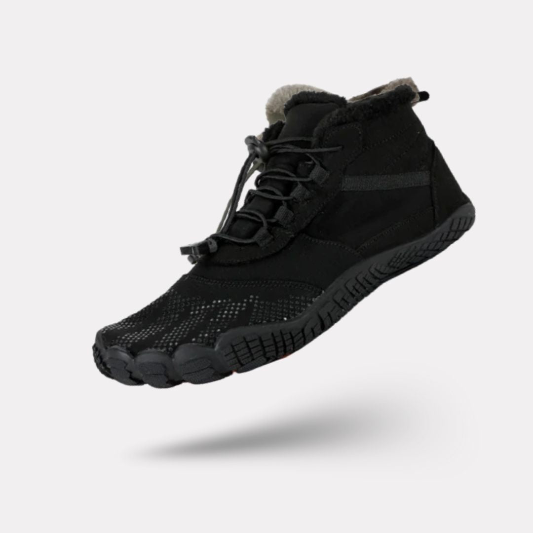 Fleece-lined waterproof winter barefoot shoes in brown, black and olive green