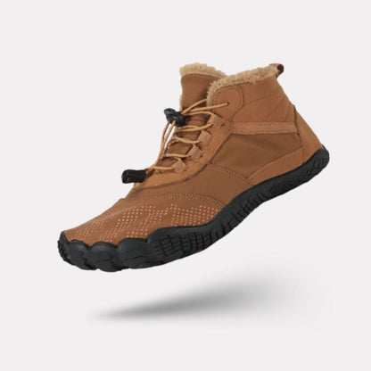 Fleece-lined waterproof winter barefoot shoes in brown, black and olive green