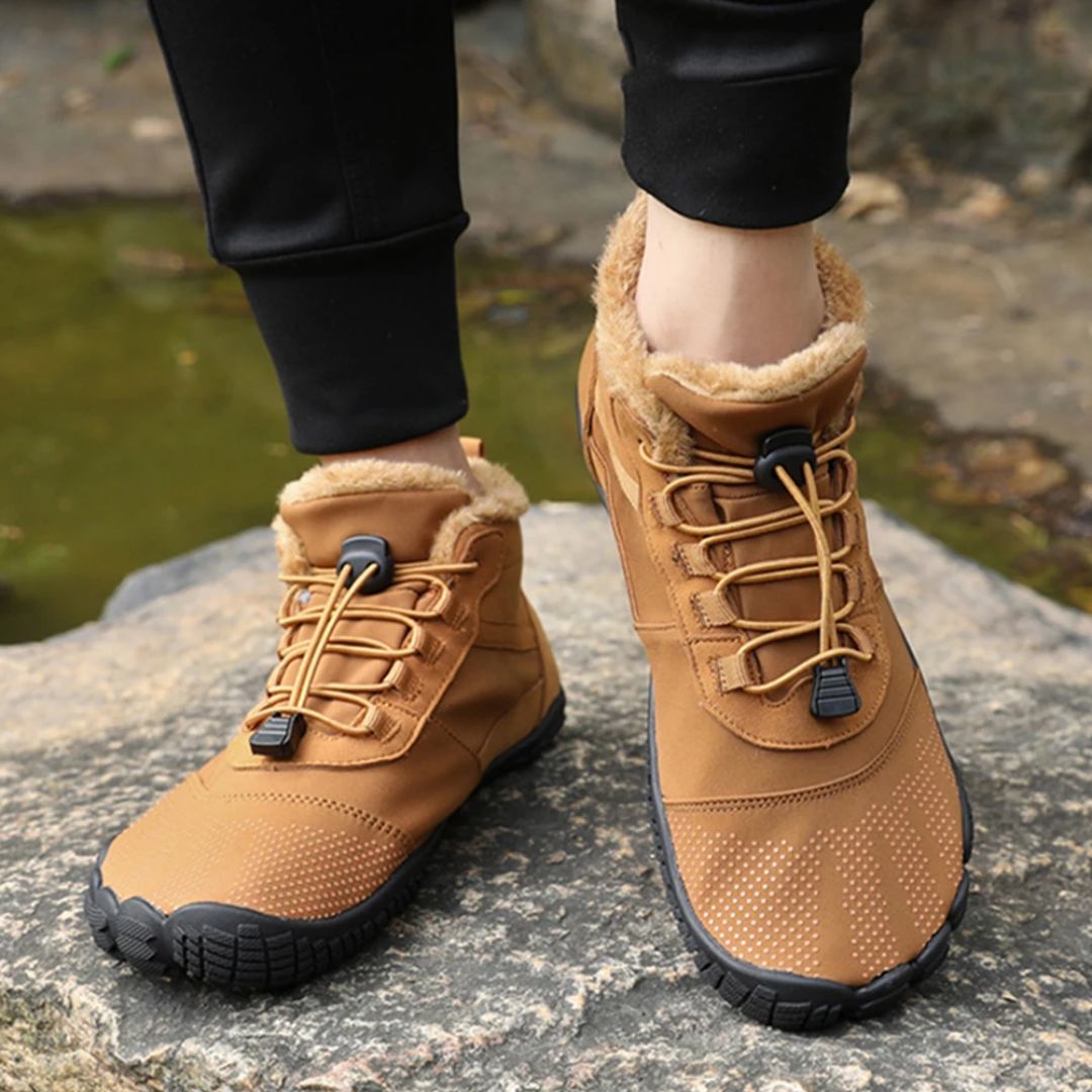 Fleece-lined waterproof winter barefoot shoes in brown, black and olive green