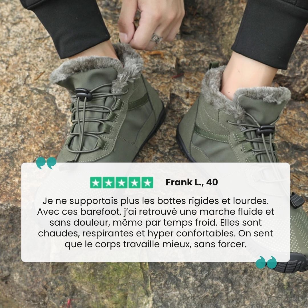 Fleece-lined waterproof winter barefoot shoes in brown, black and olive green