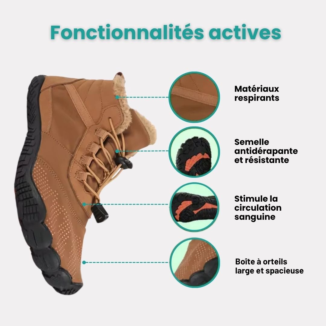 Fleece-lined waterproof winter barefoot shoes in brown, black and olive green