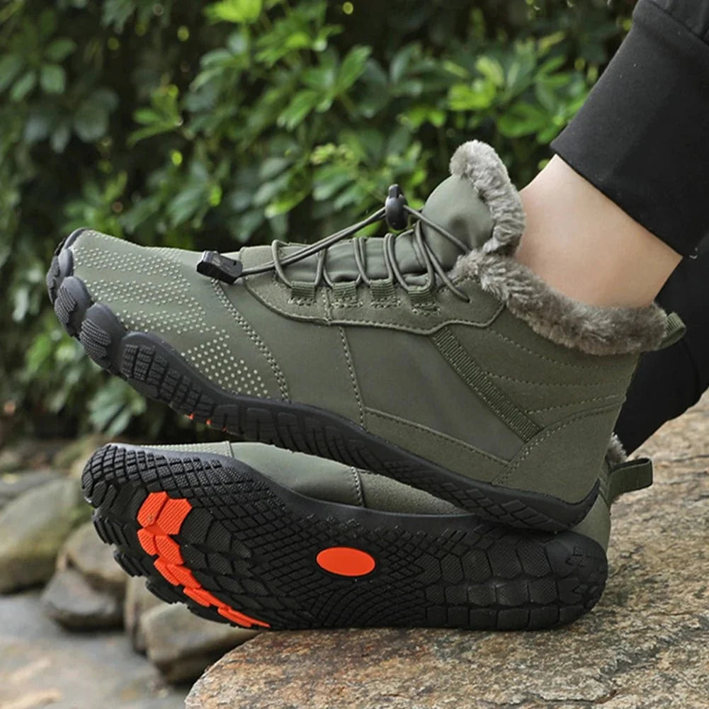 Fleece-lined waterproof winter barefoot shoes in brown, black and olive green