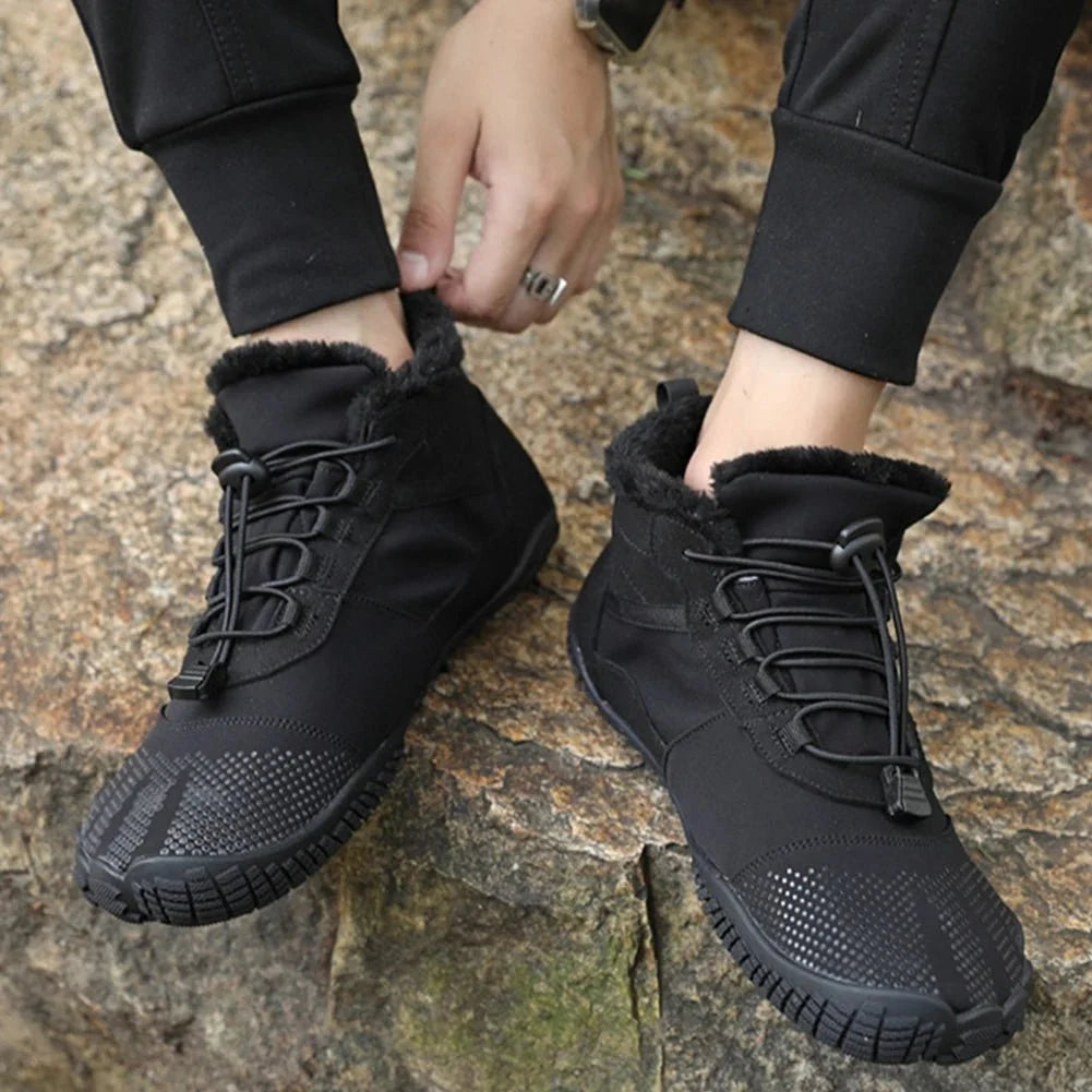 Fleece-lined waterproof winter barefoot shoes in brown, black and olive green