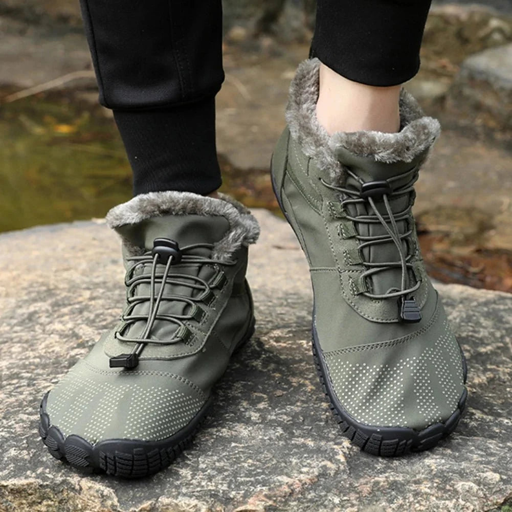 Fleece-lined waterproof winter barefoot shoes in brown, black and olive green