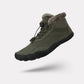 Fleece-lined waterproof winter barefoot shoes in brown, black and olive green