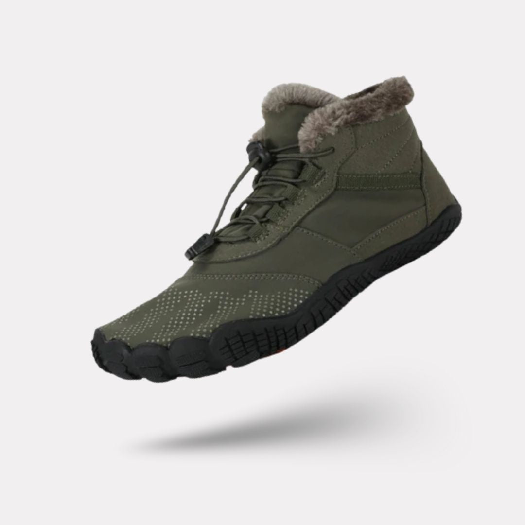 Fleece-lined waterproof winter barefoot shoes in brown, black and olive green