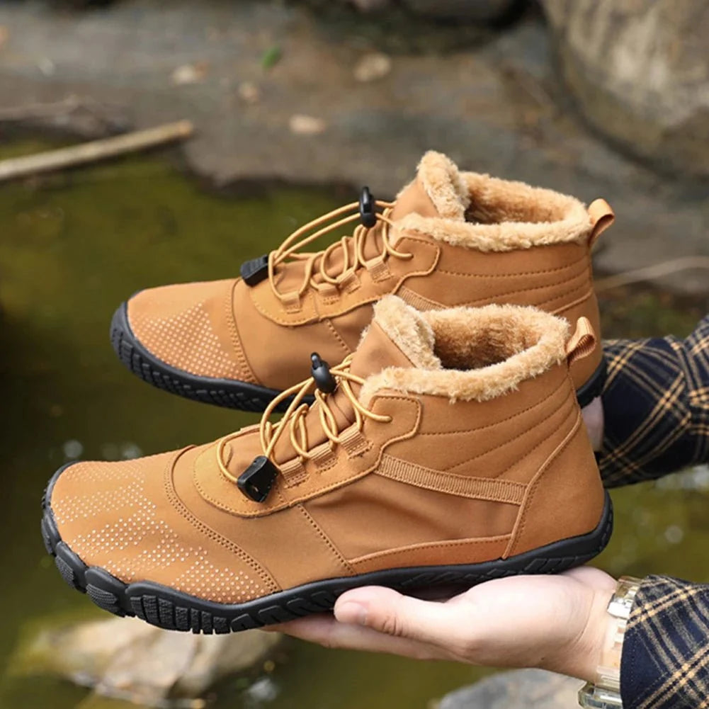 Fleece-lined waterproof winter barefoot shoes in brown, black and olive green