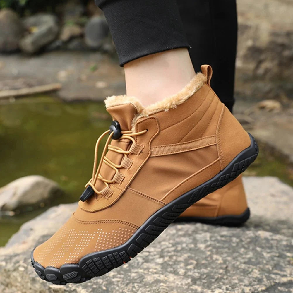 Fleece-lined waterproof winter barefoot shoes in brown, black and olive green