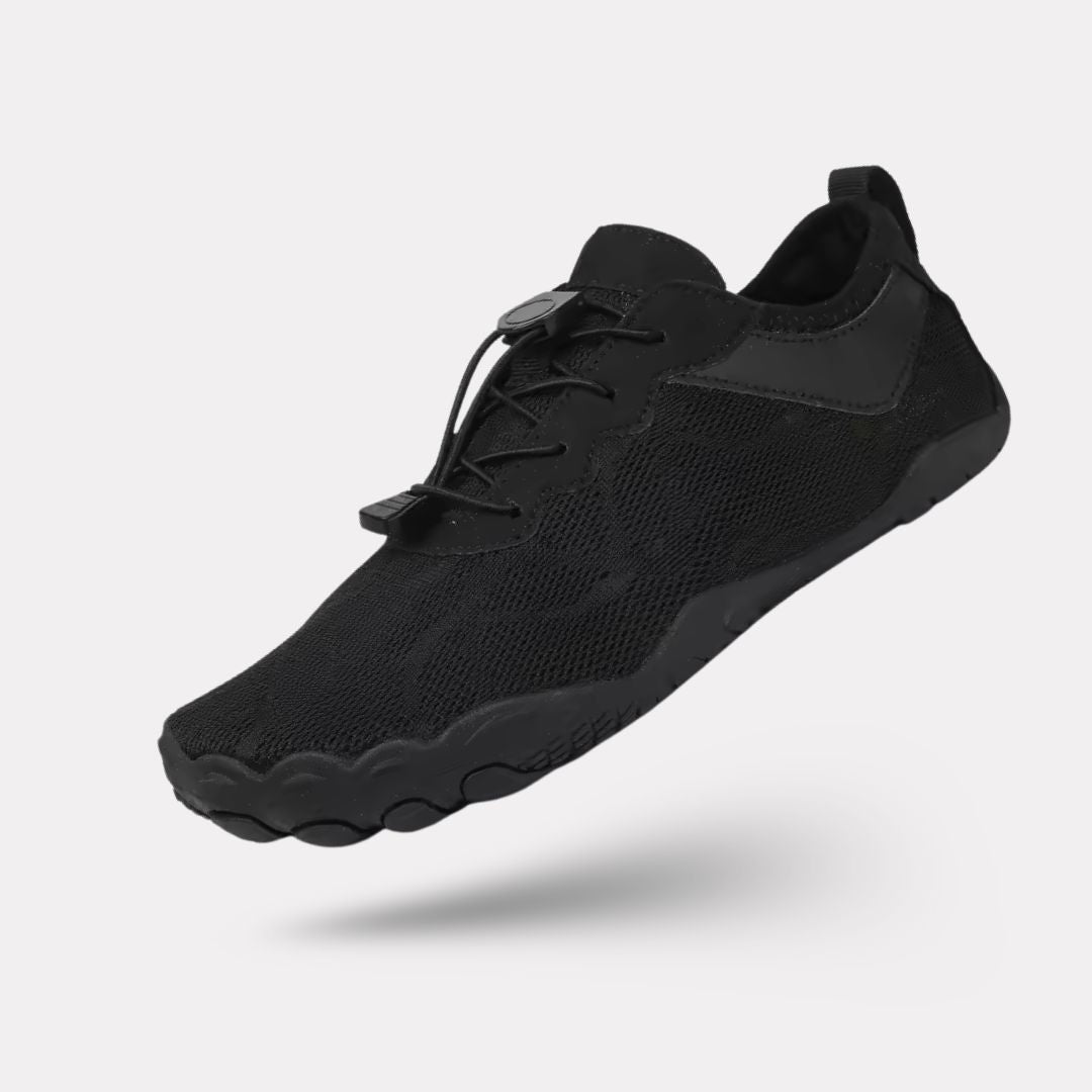Light gray minimalist barefoot sneakers with a flat sole and a wide toe box