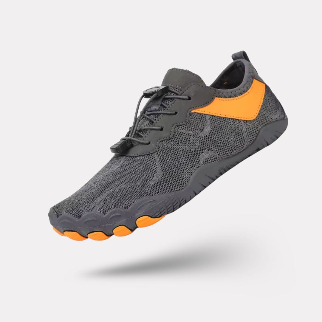 Light gray minimalist barefoot sneakers with a flat sole and a wide toe box