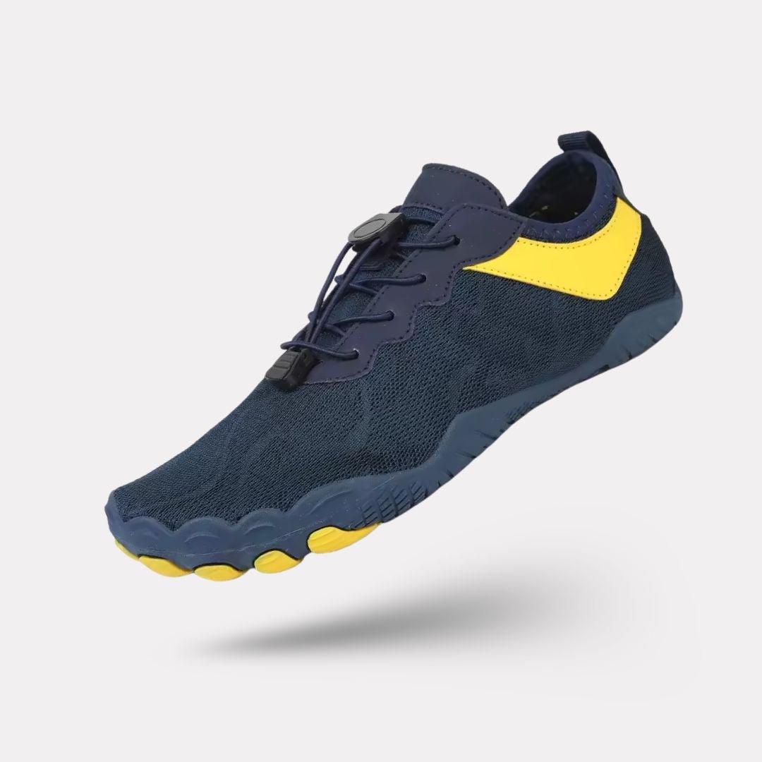 Light gray minimalist barefoot sneakers with a flat sole and a wide toe box