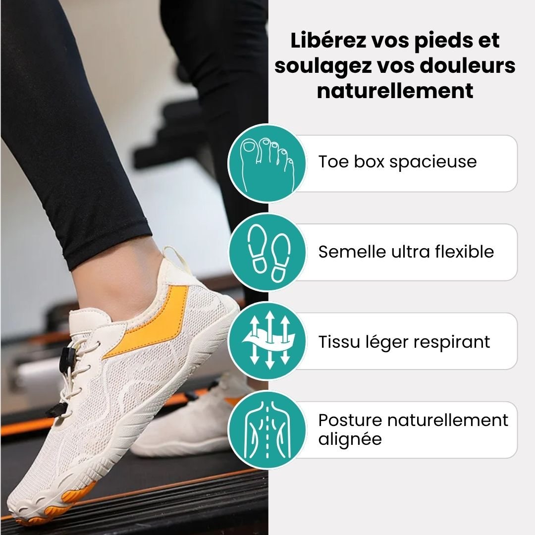 Light gray minimalist barefoot sneakers with a flat sole and a wide toe box