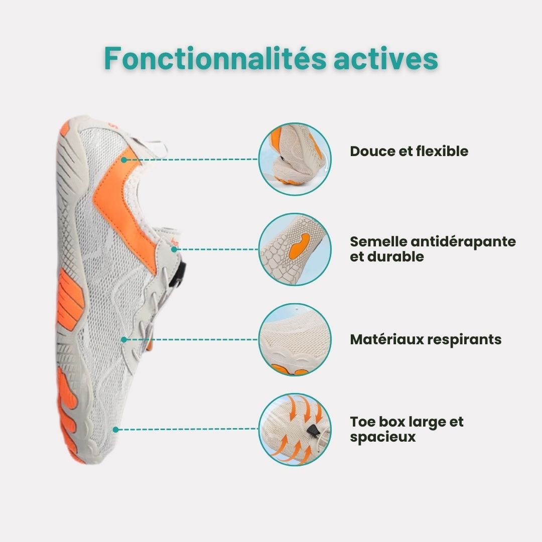 Light gray minimalist barefoot sneakers with a flat sole and a wide toe box