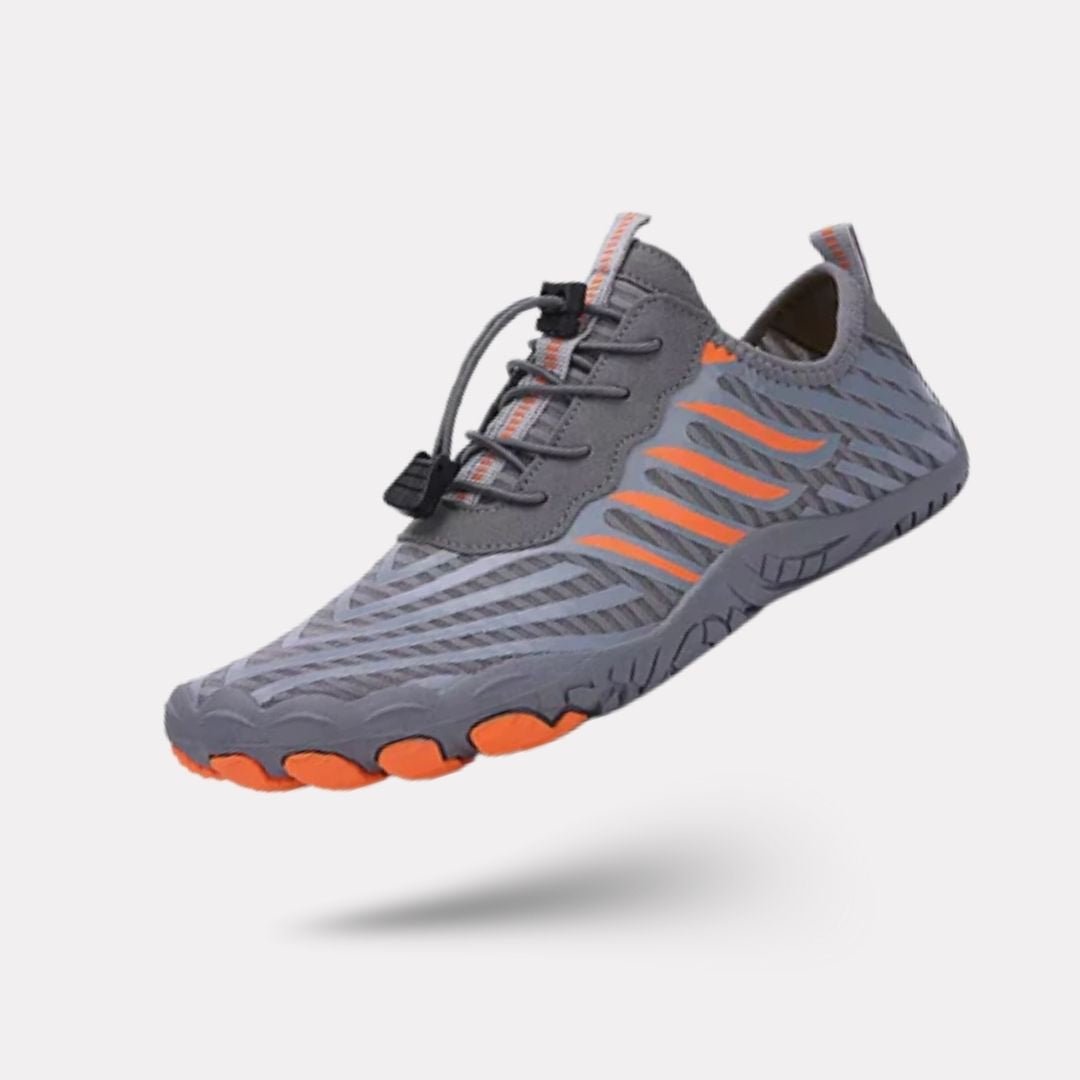 Minimalist barefoot sneakers with a thin sole and a foot-shaped toe box