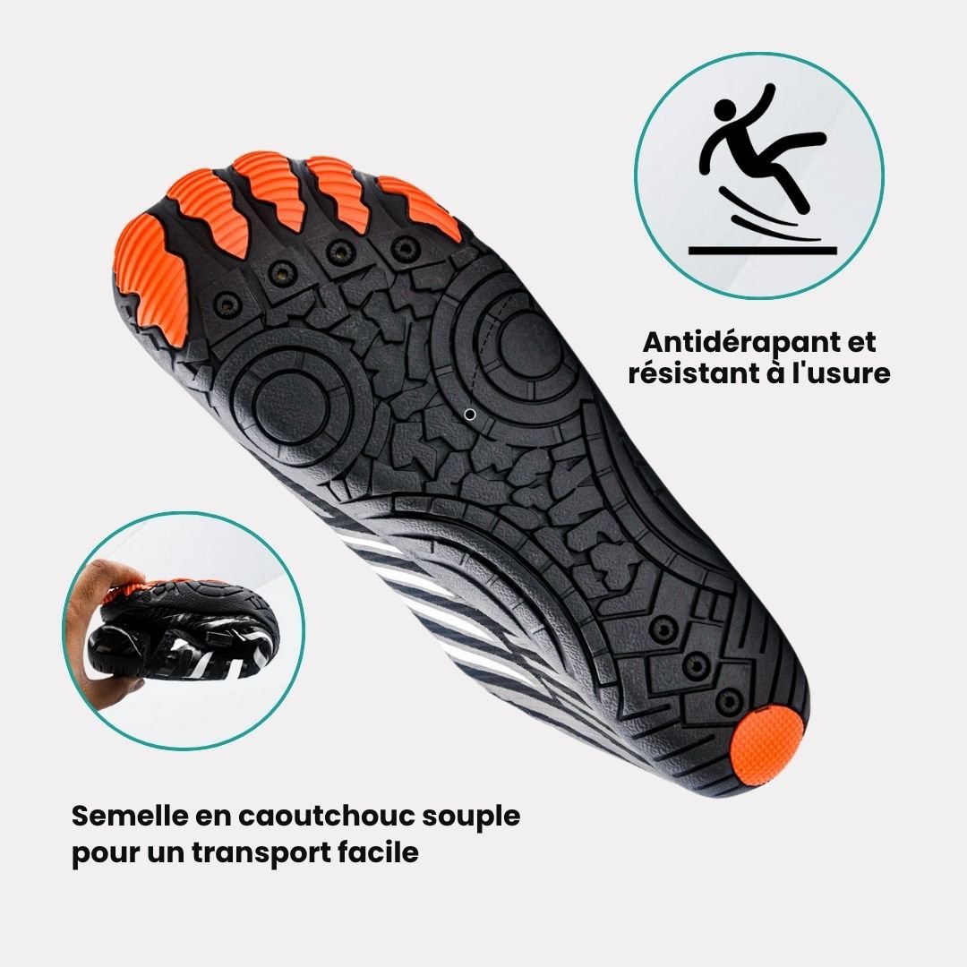 Minimalist barefoot sneakers with a thin sole and a foot-shaped toe box