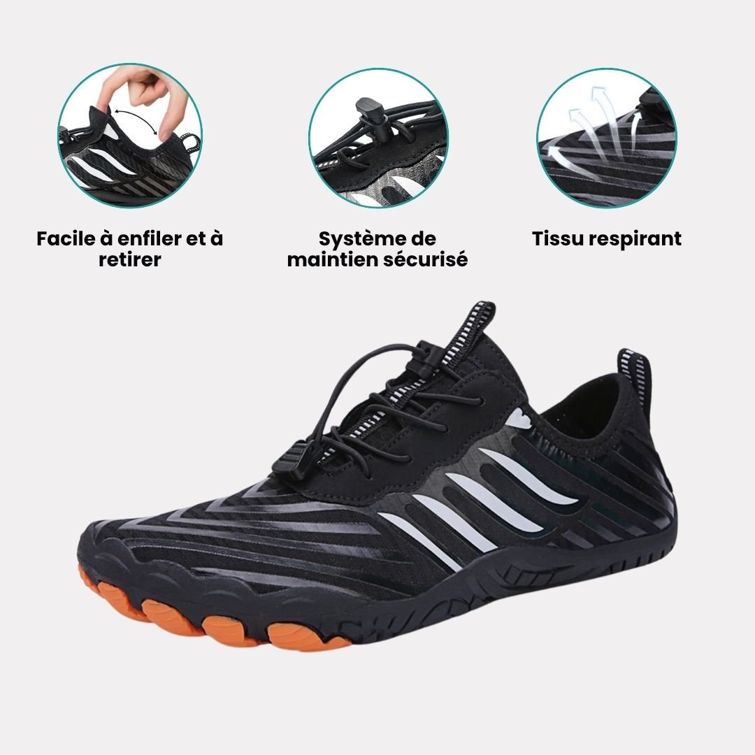Minimalist barefoot sneakers with a thin sole and a foot-shaped toe box