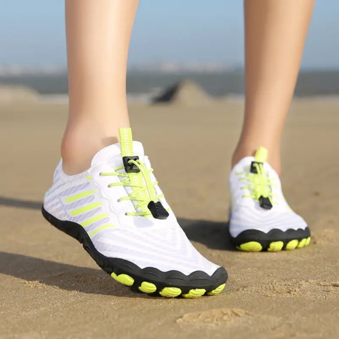 Minimalist barefoot sneakers with a thin sole and a foot-shaped toe box