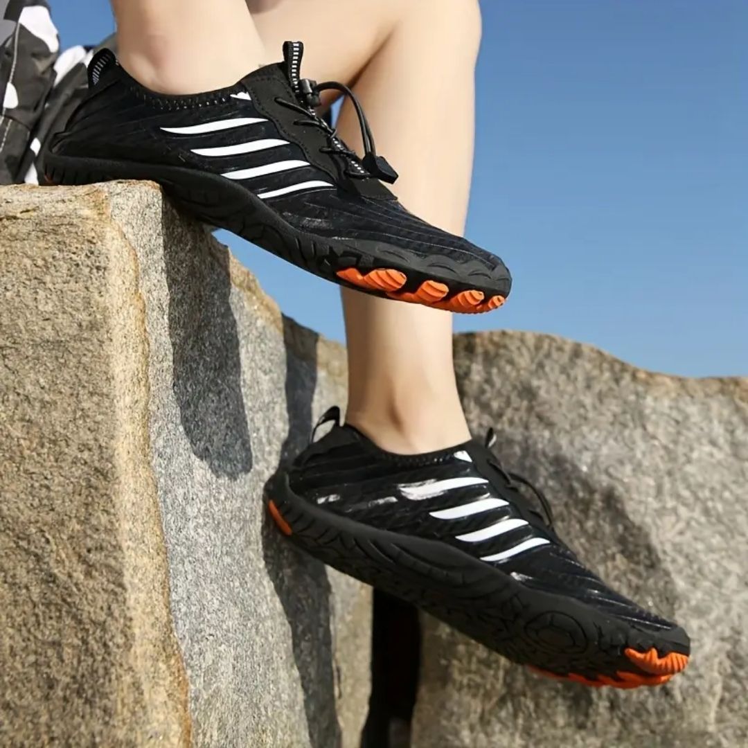 Minimalist barefoot sneakers with a thin sole and a foot-shaped toe box