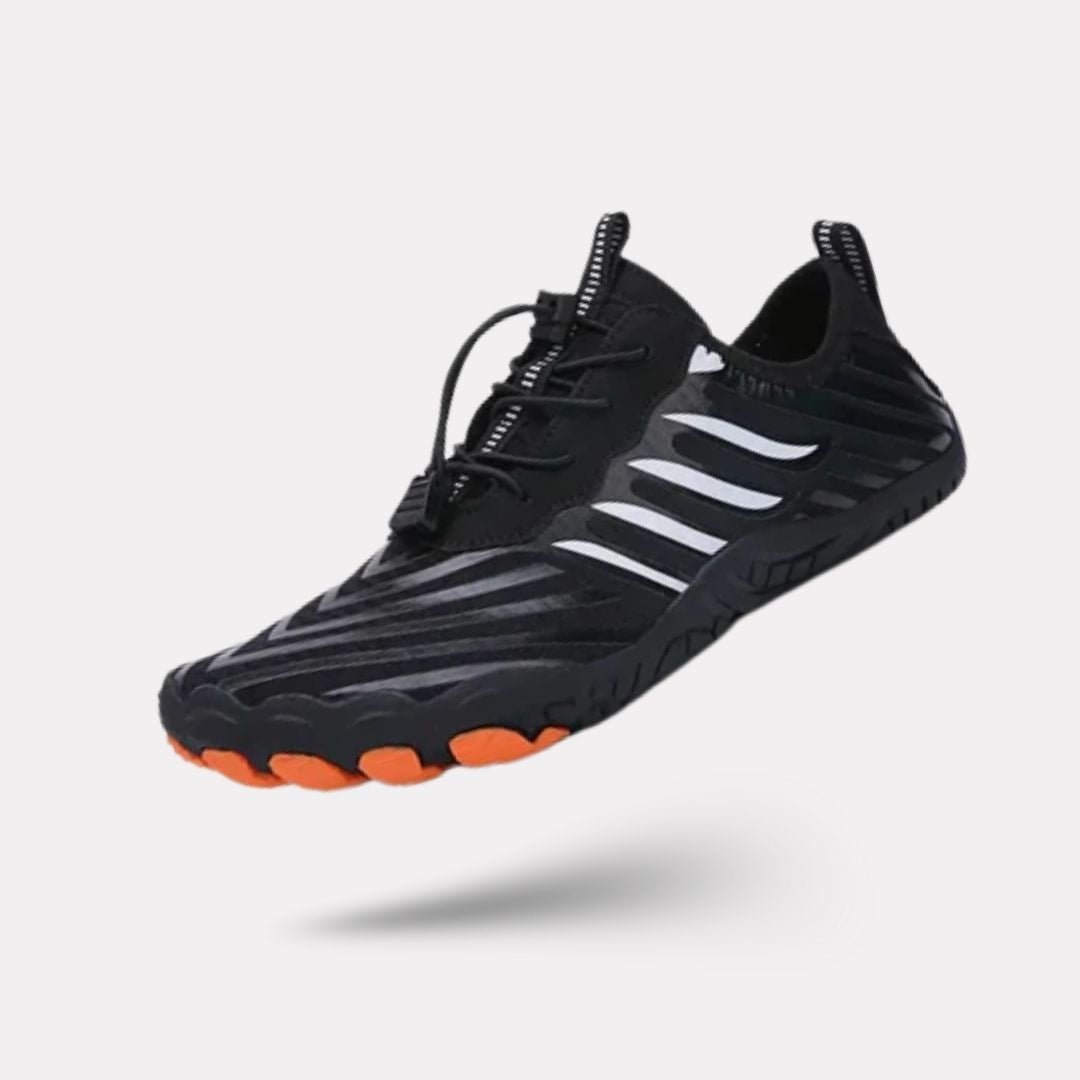 Minimalist barefoot sneakers with a thin sole and a foot-shaped toe box