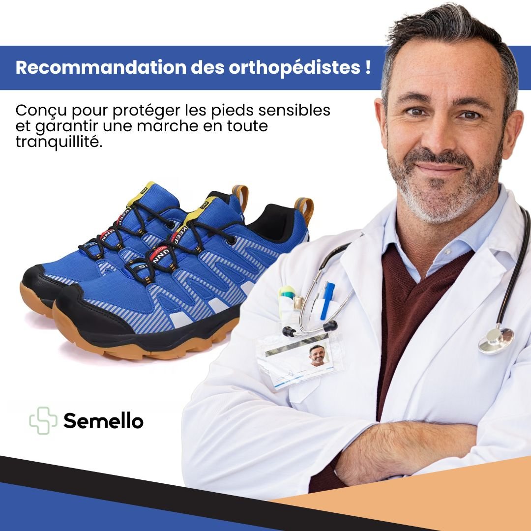 Orthopedic walking shoes with a thick cushioned sole, in blue, black and gray colorways