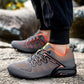 Men's orthopedic walking shoes with a thick sole, in black and red, blue, and gray and orange