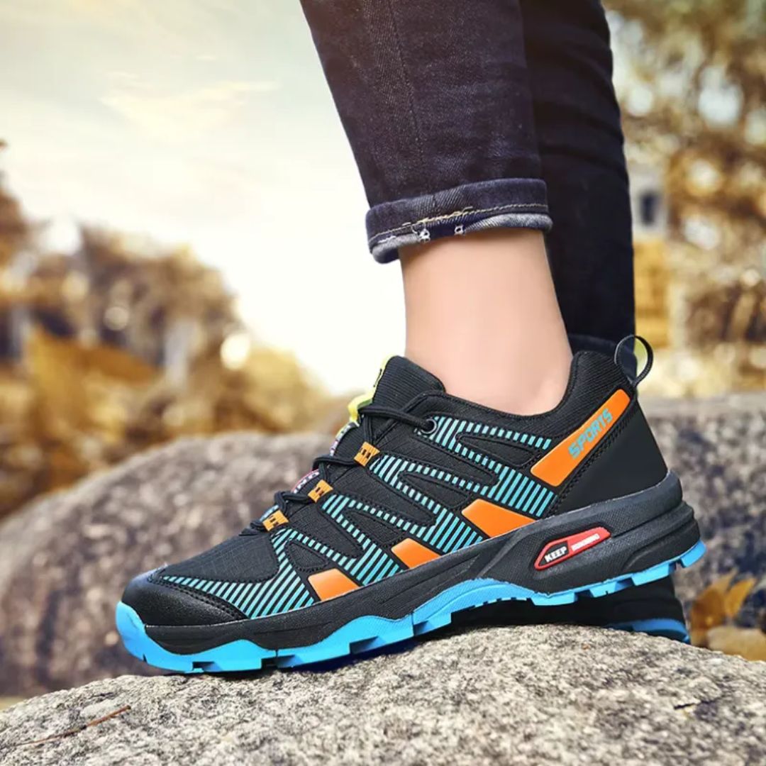 Orthopedic walking shoes with a thick cushioned sole, in blue, black and gray colorways