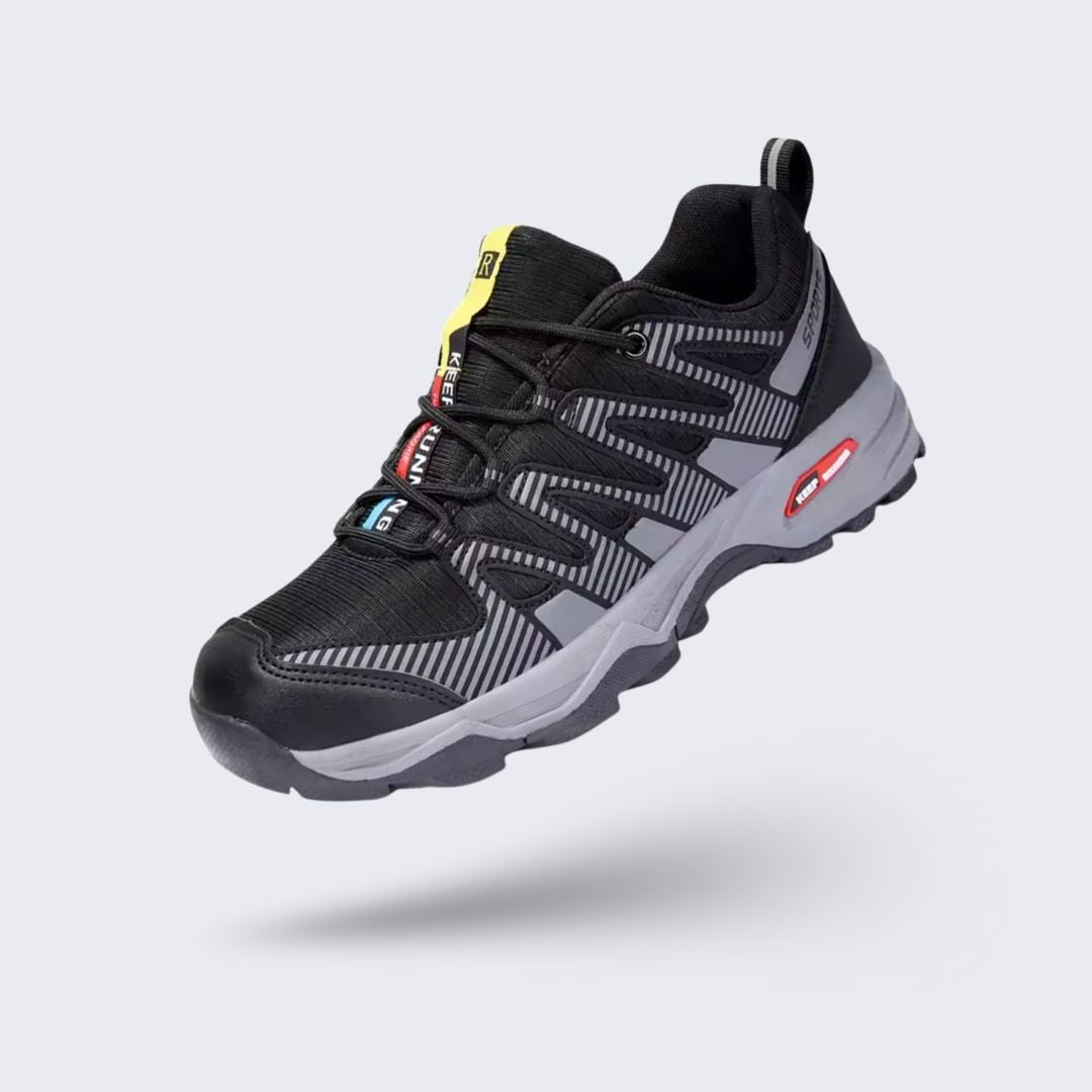 Orthopedic walking shoes with a thick cushioned sole, in blue, black and gray colorways