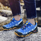 Orthopedic walking shoes with a thick cushioned sole, in blue, black and gray colorways