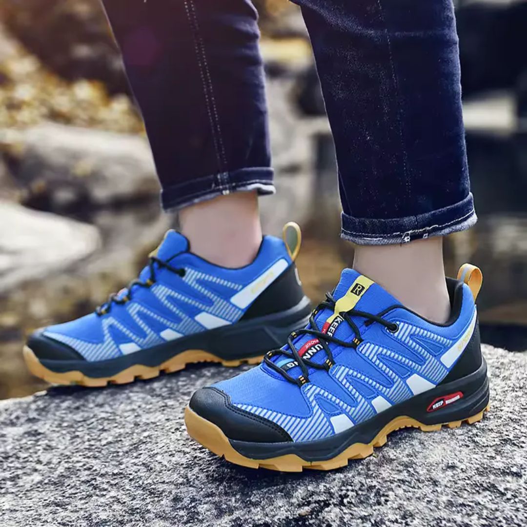 Orthopedic walking shoes with a thick cushioned sole, in blue, black and gray colorways