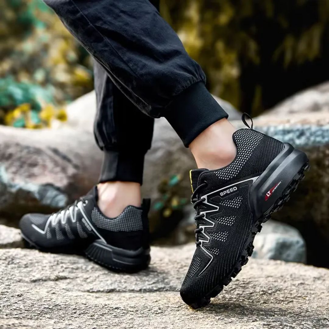 Men's orthopedic walking shoes with a thick sole, in black and red, blue, and gray and orange