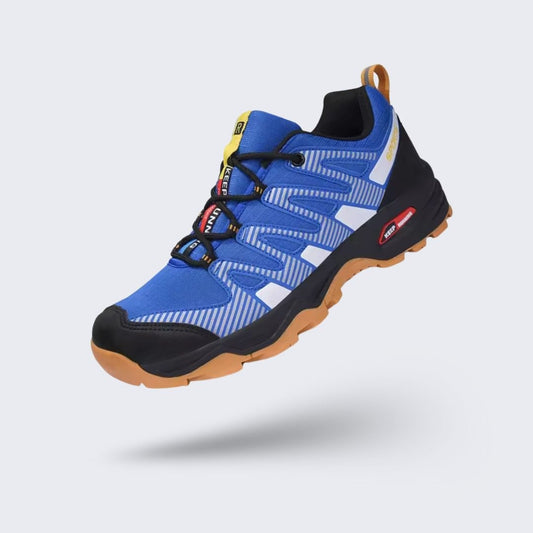 Orthopedic walking shoes with a thick cushioned sole, in blue, black and gray colorways