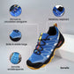 Orthopedic walking shoes with a thick cushioned sole, in blue, black and gray colorways